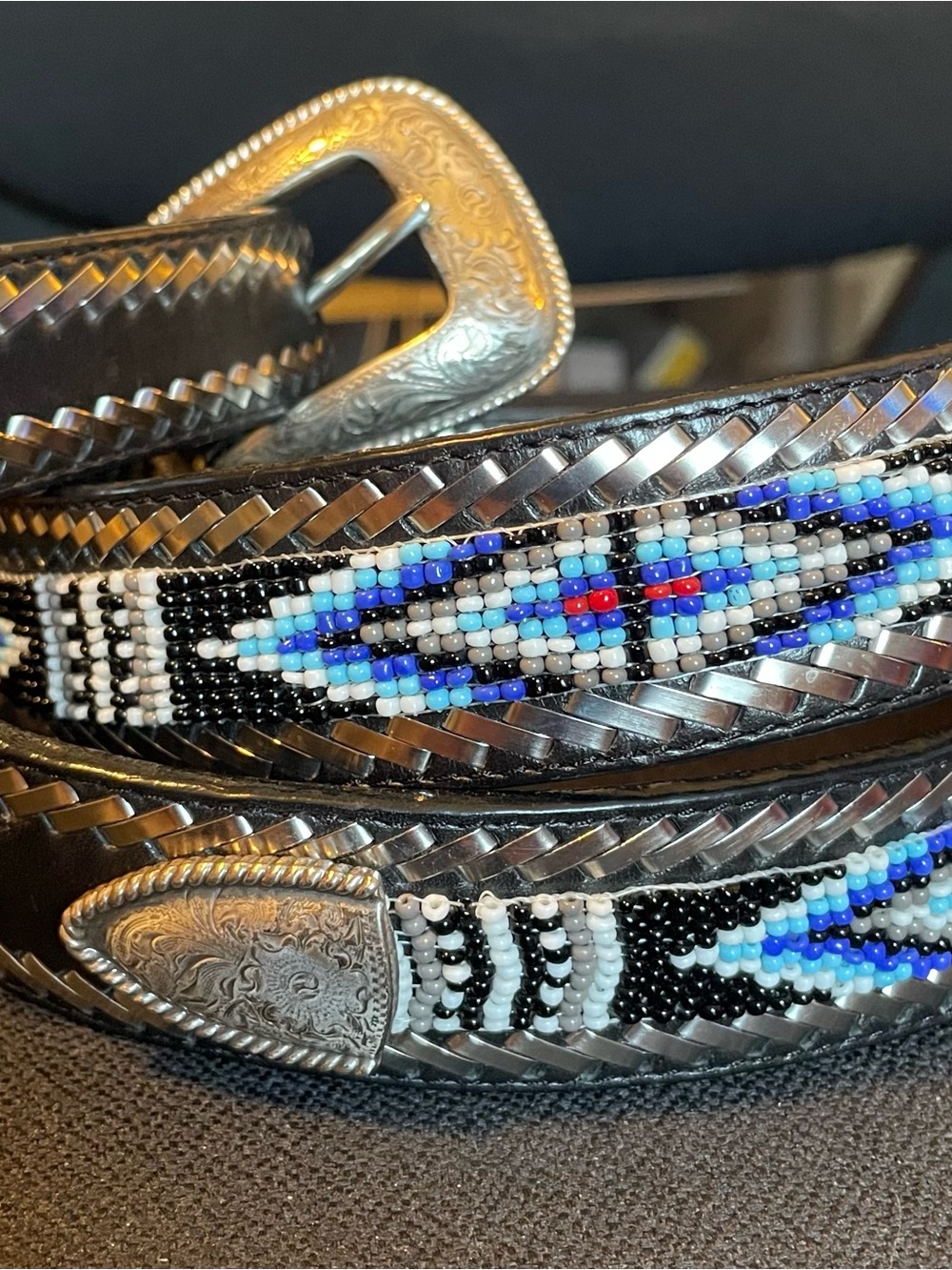 Tony Lama Black Leather Beaded Belt with Blue, White and Red Accents